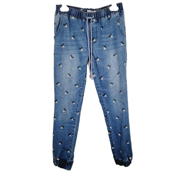 Disney Parks Women's Mickey Mouse Screen Print Denim Joggers Pants Size Small - Picture 1 of 7